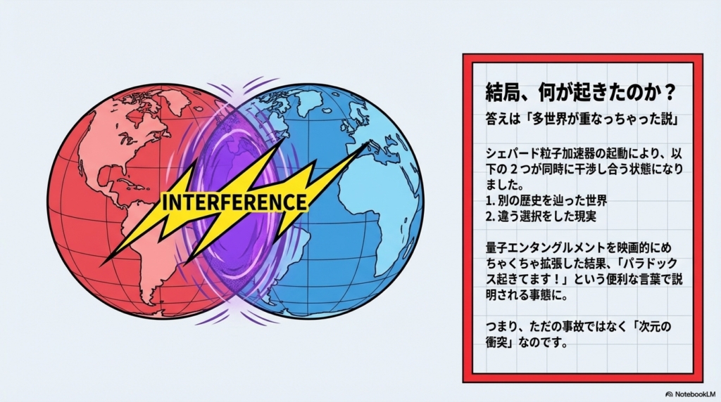 赤と青の二つの地球が重なり合い、中央に「INTERFERENCE（干渉）」という文字と電撃が走っているイラスト。異なる次元が衝突している様子。