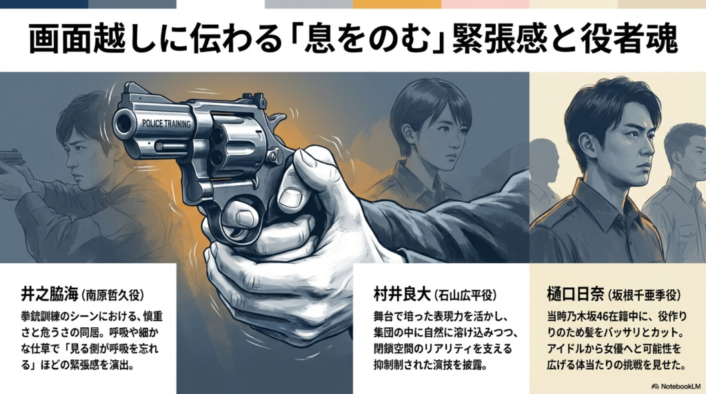 南原役・井之脇海さんの拳銃訓練シーン 、石山役・村井良大さんの抑制された演技 、坂根役・樋口日奈さんの断髪による役作りをまとめたスライド。