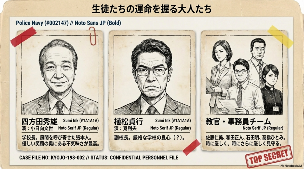 学校長の四方田、副校長の植松、その他の教官チーム（佐藤仁美、和田正人、石田明、高橋ひとみ）の紹介スライド。