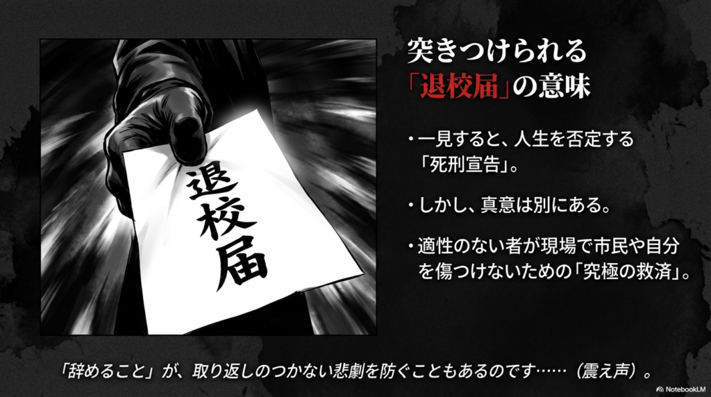 黒い手袋をはめた手が、こちらに向かって「退校届」を力強く差し出している。背景には衝撃を受けたようなスピード線が描かれている。