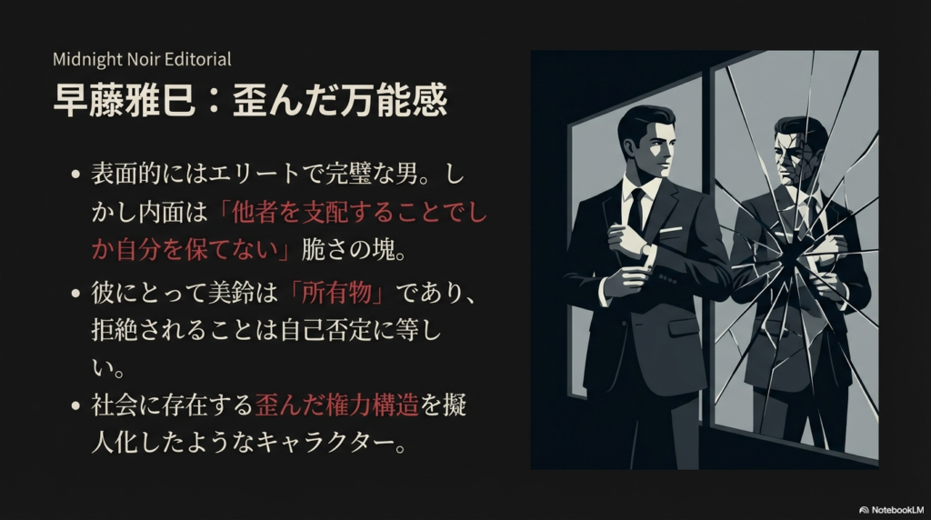 エリートの仮面の裏にある、他者を支配することでしか自分を保てない早藤の脆さと権力構造を解説するスライド。