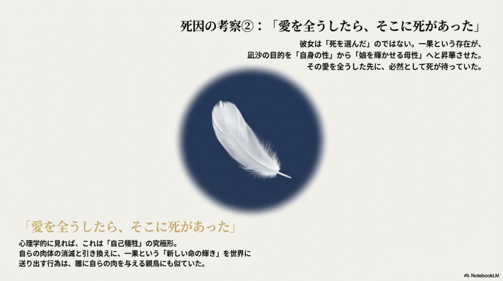 「愛を全うしたら、そこに死があった」という言葉と共に、一果を輝かせるための自己犠牲を親鳥に例えた解説。