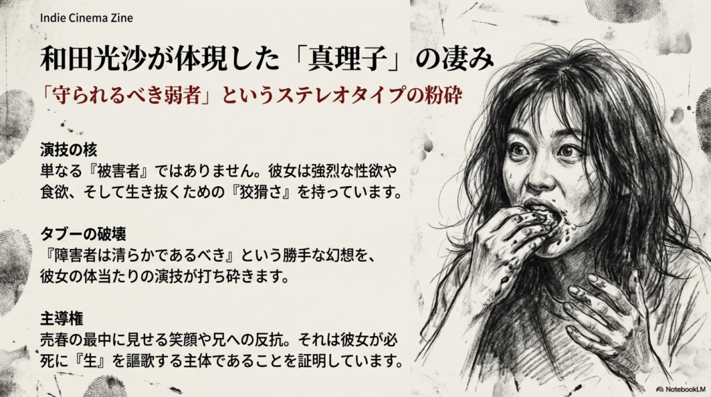 スライド4枚目。真理子役の和田光沙による演技の核について。障害者のステレオタイプを粉砕し、性欲や食欲、生き抜くための「狡猾さ」を持つ主体としての真理子を解説している。