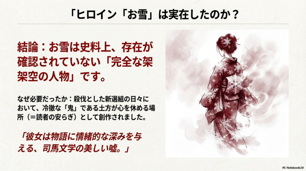 雪の結晶が舞う中に立つ、後ろ姿の女性（お雪）のイラスト。お雪は完全な架空の人物であり、土方の心を休める場所として創作されたという解説。