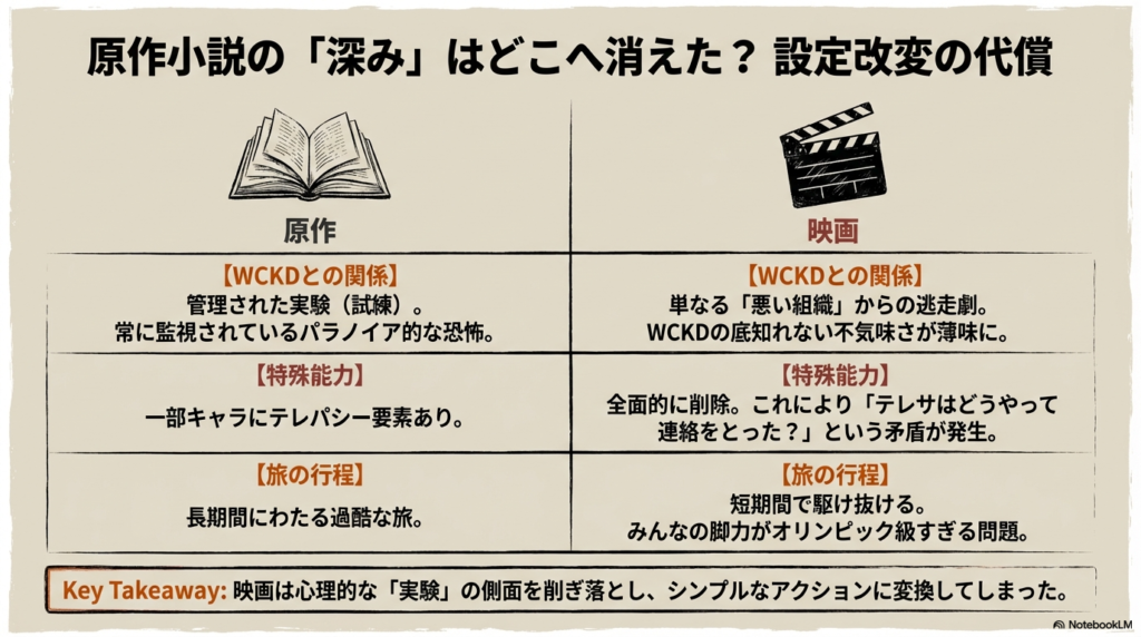 WCKDとの関係、キャラクターの特殊能力、旅の行程の3点について、原作小説と映画版の違いを対比させた比較表のスライド。