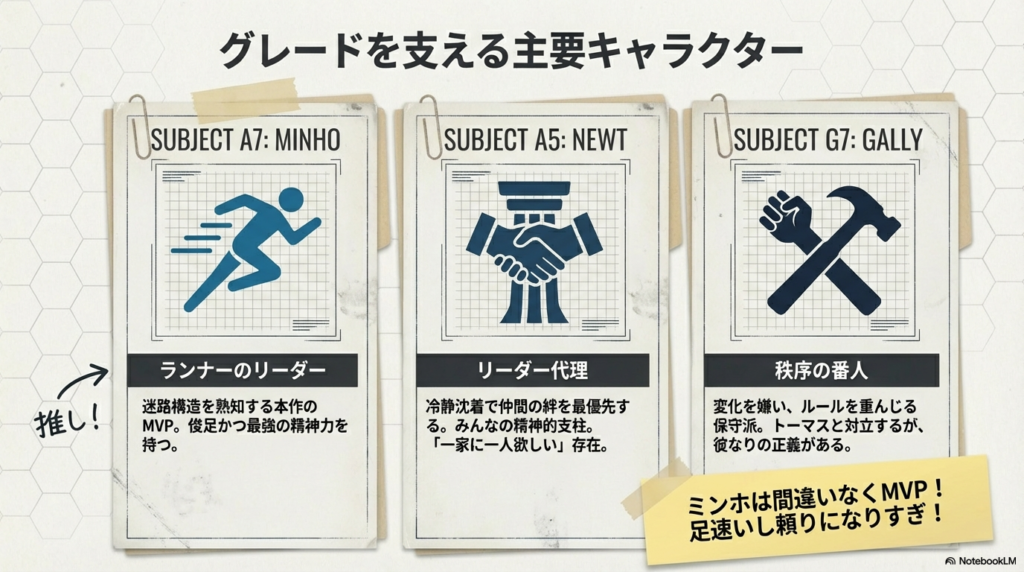 ランナーのリーダー・ミンホ、リーダー代理のニュート、秩序の番人ギャリーの3名を紹介するスライド。ミンホにはMVPという注釈がついている 。