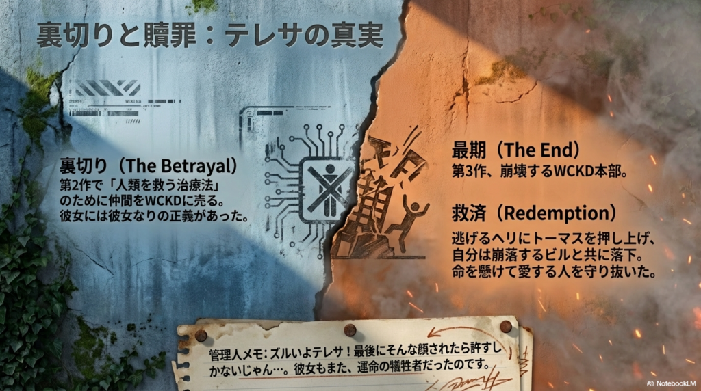 テレサの裏切りの背景と、第3作のWCKD本部崩壊時に命を懸けてトーマスを救い、ビルと共に落下した最期を記録したスライド。