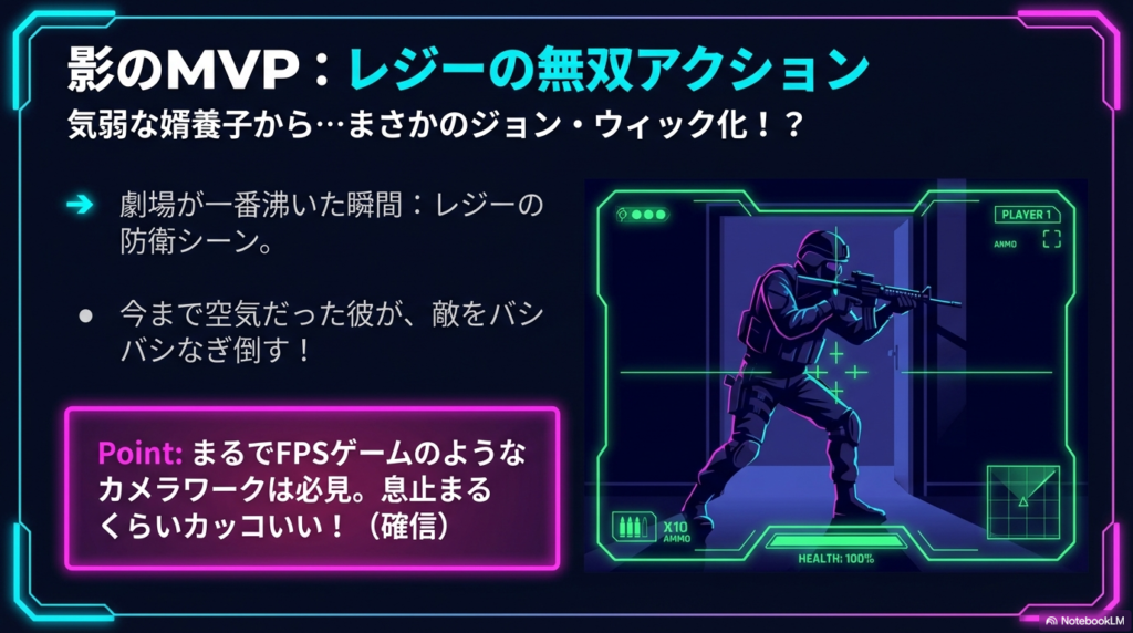 FPSゲームの画面のようなインターフェース越しに、銃を構える兵士のイラスト。気弱な婿養子レジーが「ジョン・ウィック」化した衝撃を解説している。