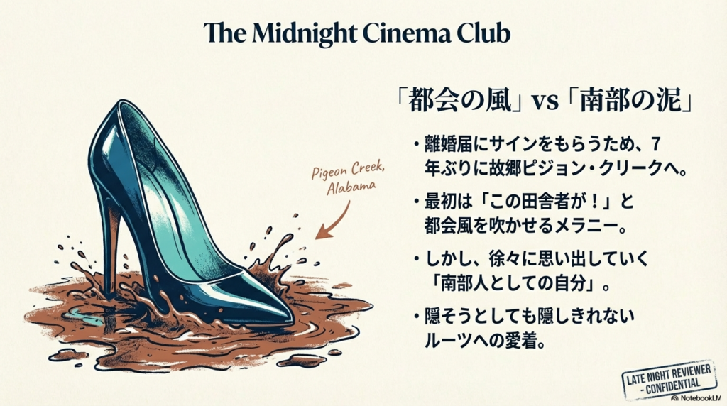 泥の中に沈むハイヒールのイラスト。都会の洗練された自分と、隠しきれない南部のルーツへの愛着を表現している。