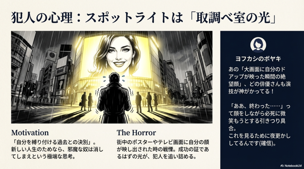 街中の巨大ビジョンに自分の顔が映し出され、スポットライトを浴びて立ち尽くす犯人の後ろ姿を描いたドラマチックなイラスト。