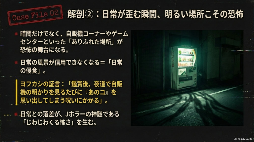 自販機やゲームセンターなど、日常の風景が歪んでいく「じわじわくる怖さ」を解説したスライド