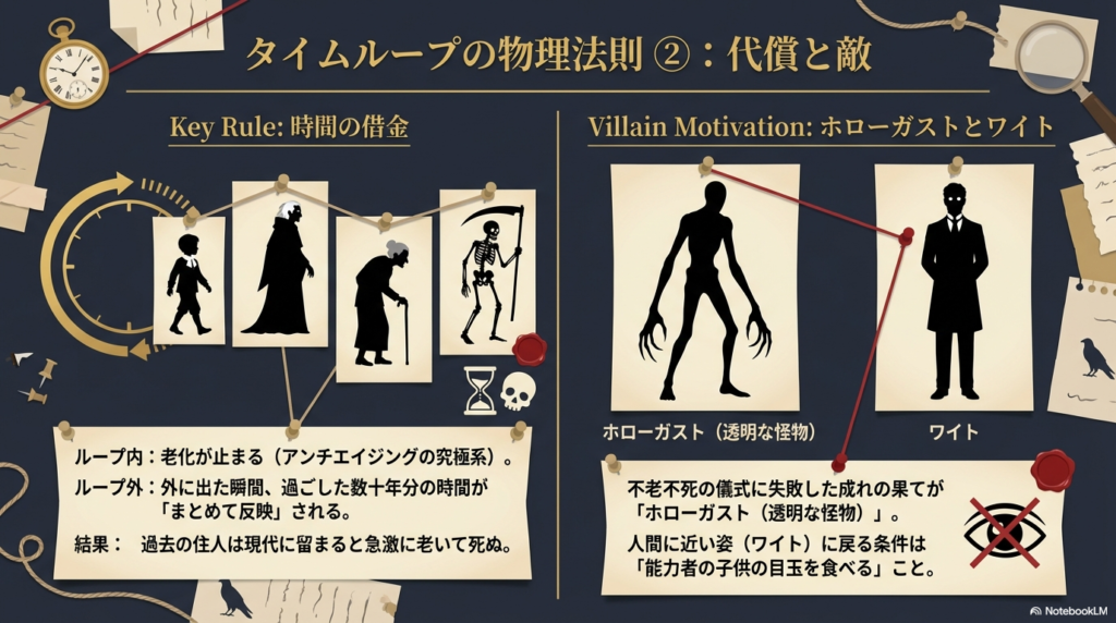 人が老いて骸骨になるまでのイラストと怪物のシルエット。ループ外に出ると蓄積された時間がまとめて反映される「時間の借金」や、ホローガストとワイトの正体についての解説スライド。