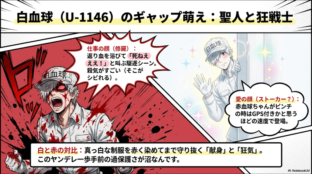 返り血を浴びて敵を駆逐する「仕事の顔」と、赤血球のピンチにGPS並みの速さで現れる「愛の顔（過保護）」の対比 。