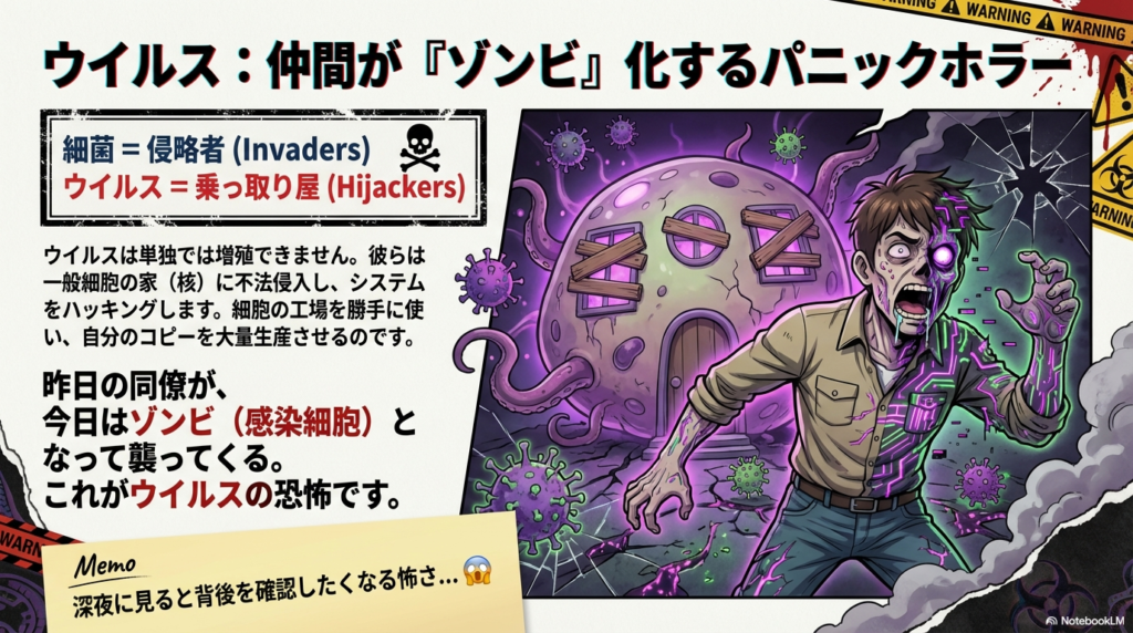 ウイルスにハッキングされ、自分自身のコピーを作らされる感染細胞がゾンビのように描かれたホラー調のスライド 。