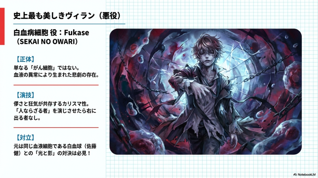 血液の異常から生まれた悲劇の存在、白血病細胞を演じるFukaseのダークでカリスマ性溢れるビジュアルスライド。