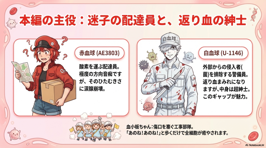 方向音痴な配達員・赤血球（AE3803）と、超紳士な警備員・白血球（U-1146）のキャラ紹介。