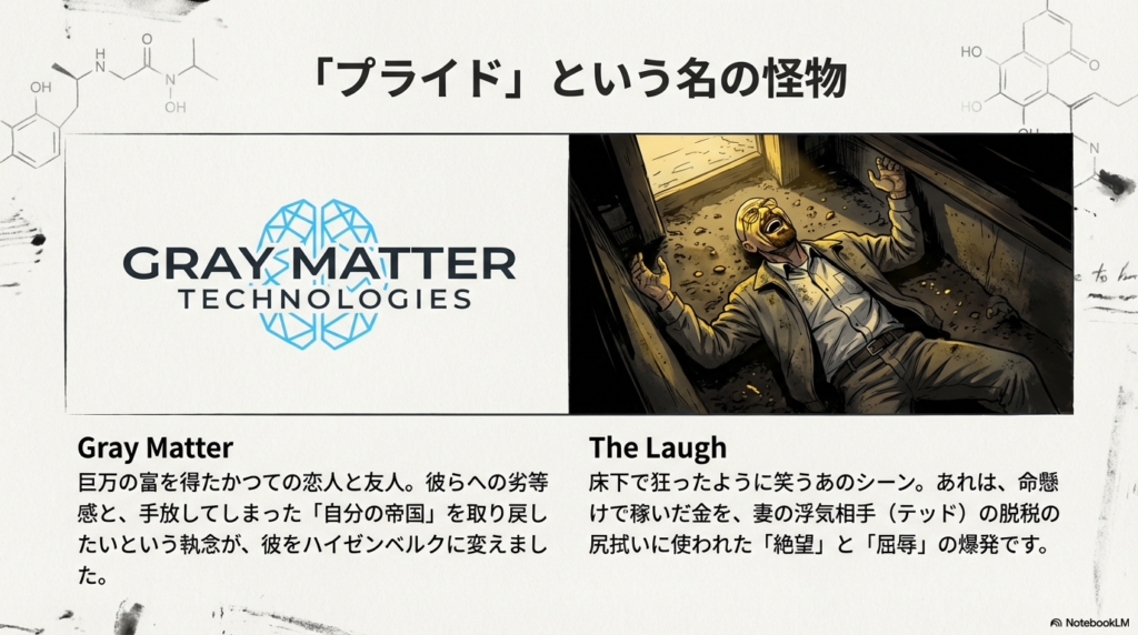 グレー・マター社のロゴと、床下で狂ったように笑うウォルターのイラスト。失った帝国への執念と、床下での絶望の爆発シーンについての考察。