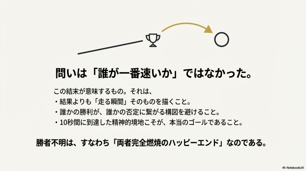 物語が暗転し、勝者が描かれなかった理由を問いかけるスライド。読者が最も知りたい「結果」を示さなかった作者の意図を考察。
