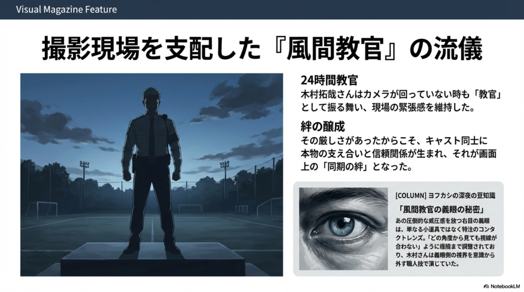 夜のグラウンドに立つ風間教官のシルエットと、圧倒的な威圧感を放つ右目のアップ画像。 木村拓哉さんが24時間教官として振る舞ったエピソード と、特注コンタクトレンズによる義眼の秘密が記載されている。