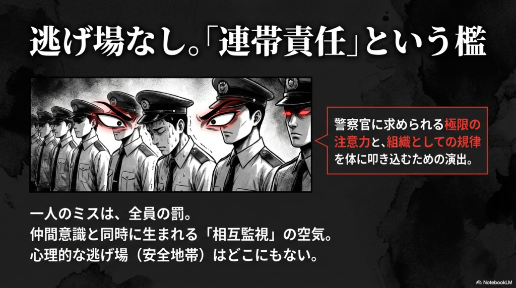 警察学校の制服を着て整列する生徒たち。その背後に巨大な目が描かれ、常に相互監視と緊張感にさらされている様子を表現している。