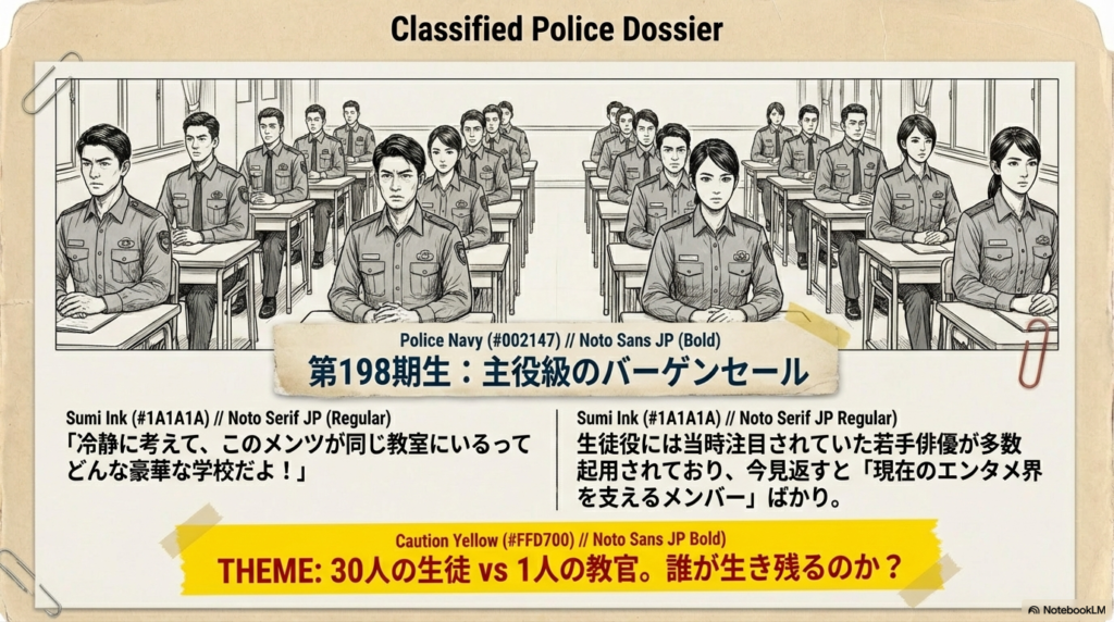 教室に並ぶ多くの警察学校生徒たちのイラスト。