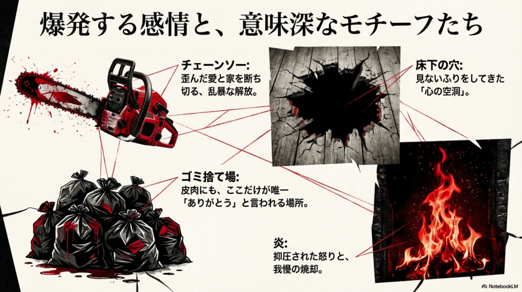 チェーンソー（乱暴な解放）、床下の穴（心の空洞）、ゴミ捨て場（唯一の感謝の場）、炎（抑圧された怒り）という4つの主要モチーフの意味を解説したスライド 。