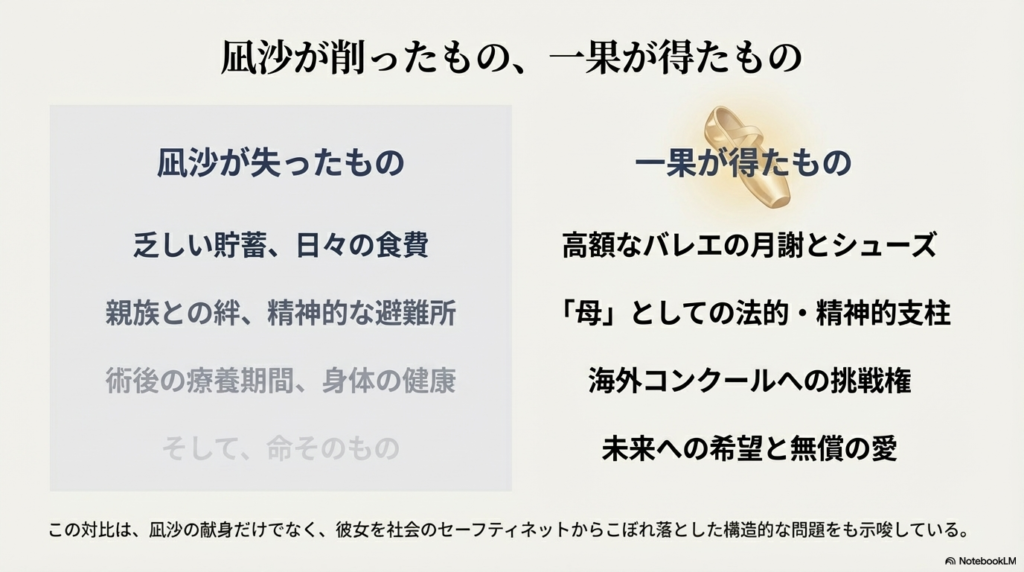 凪沙が削った「健康・命」と、一果が得た「未来への希望・無償の愛」を対比し、社会構造の問題を示唆する図。