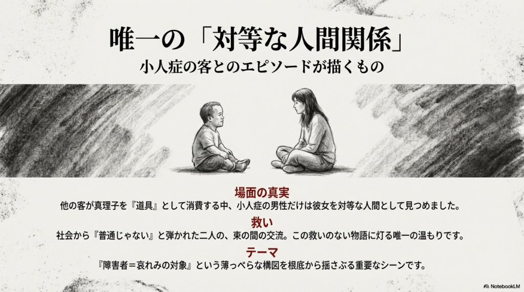 スライド5枚目。小人症の男性客と真理子が向き合うイラスト。彼が彼女を「道具」ではなく対等な人間として見たこと、社会から弾かれた二人の束の間の交流が唯一の温もりであることを示している。