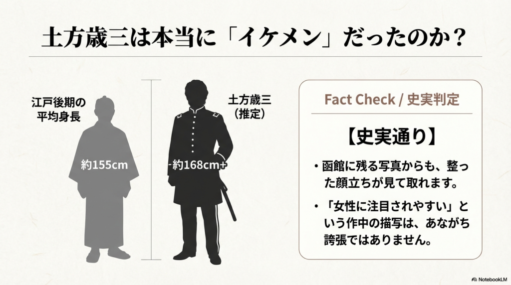 江戸後期の平均身長155cmと、土方歳三の推定身長168cmを比較した図解。函館の写真からも整った顔立ちが確認できるという史実判定。
