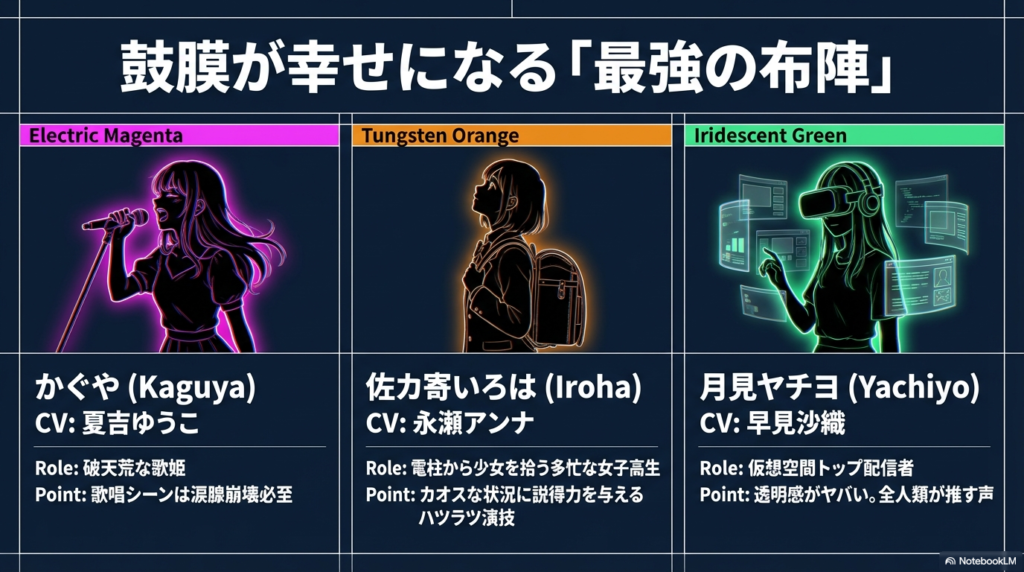 かぐや（CV:夏吉ゆうこ）、佐力寄いろは（CV:永瀬アンナ）、月見ヤチヨ（CV:早見沙織）の3人のビジュアルとキャラクター設定、演技のポイントを紹介するスライド 。