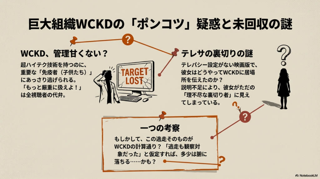 ハイテク組織WCKDの管理の甘さや、テレサの裏切りの通信手段に関する謎を挙げ、これら自体が観察対象だったのではないかと推察する考察スライド。