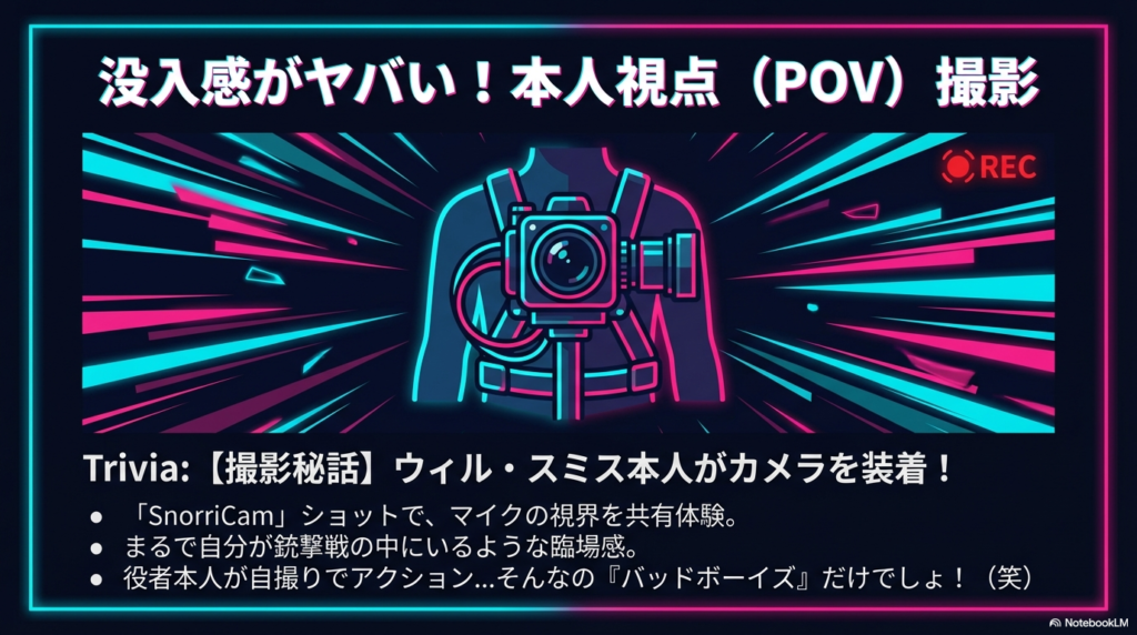 体にカメラ(SnorriCam)を装着した人物のイラスト。役者本人が自撮りでアクションを行う臨場感を説明している。