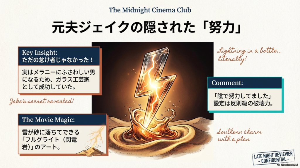 ジェイクが実は成功したガラス工芸家であったことと、雷の砂からできるアート「フルグライト」についての解説。