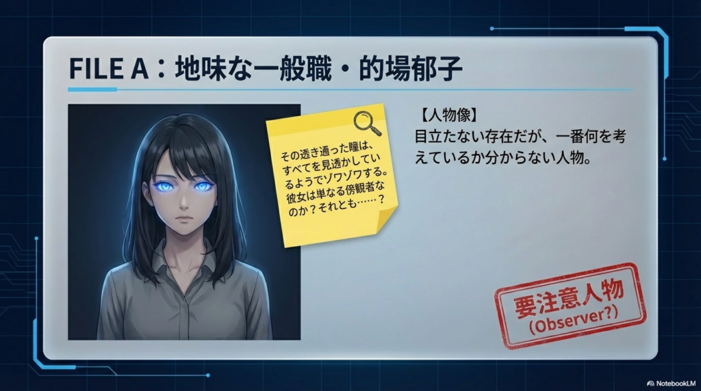 的場郁子のキャラクター紹介。地味で目立たないが、すべてを見透かすような瞳を持つ「要注意人物」として描かれている。