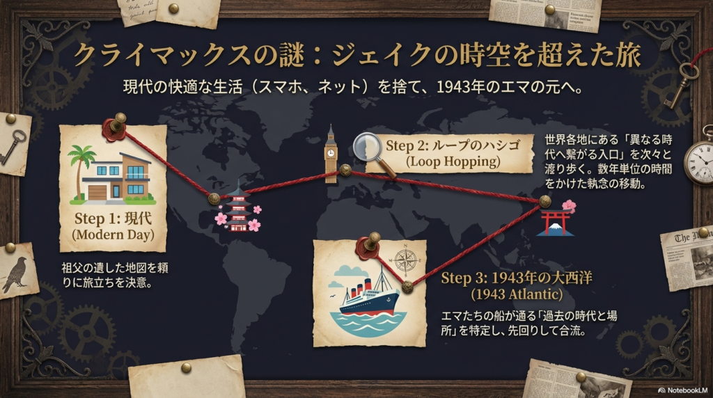 豪華客船のイラストと共に、現代から世界各地のループをハシゴし、1943年の大西洋上でエマたちの船と合流するまでのプロセスを描いたスライド。