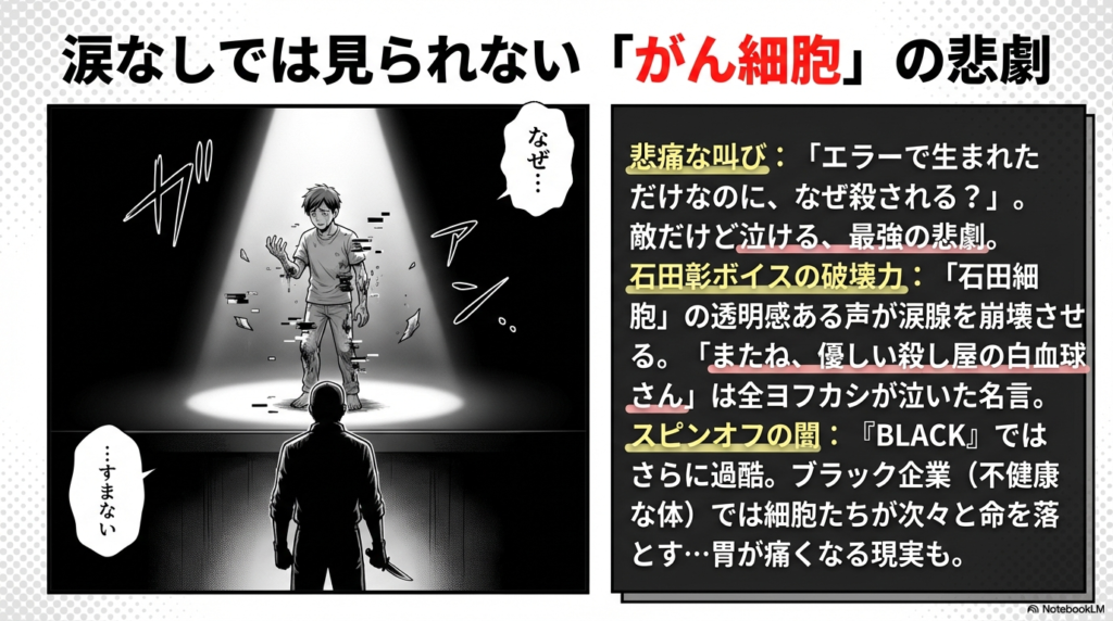 消えゆくがん細胞の悲痛な叫びと、過酷な体内環境を描くスピンオフ『BLACK』についての解説スライド 。