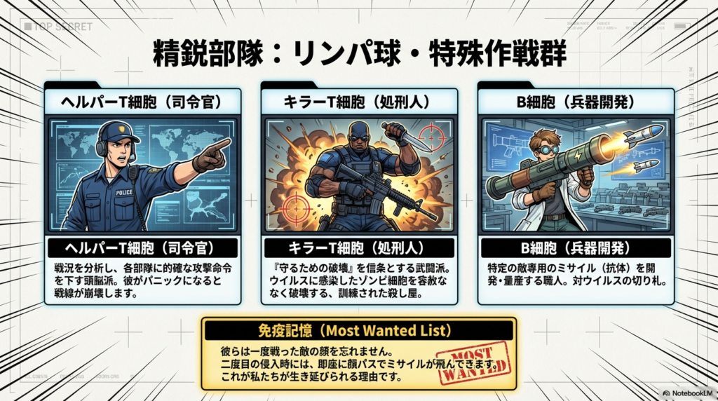 ヘルパーT細胞（司令官）、キラーT細胞（処刑人）、B細胞（兵器開発）が連携して戦うエリート部隊の紹介スライド 。