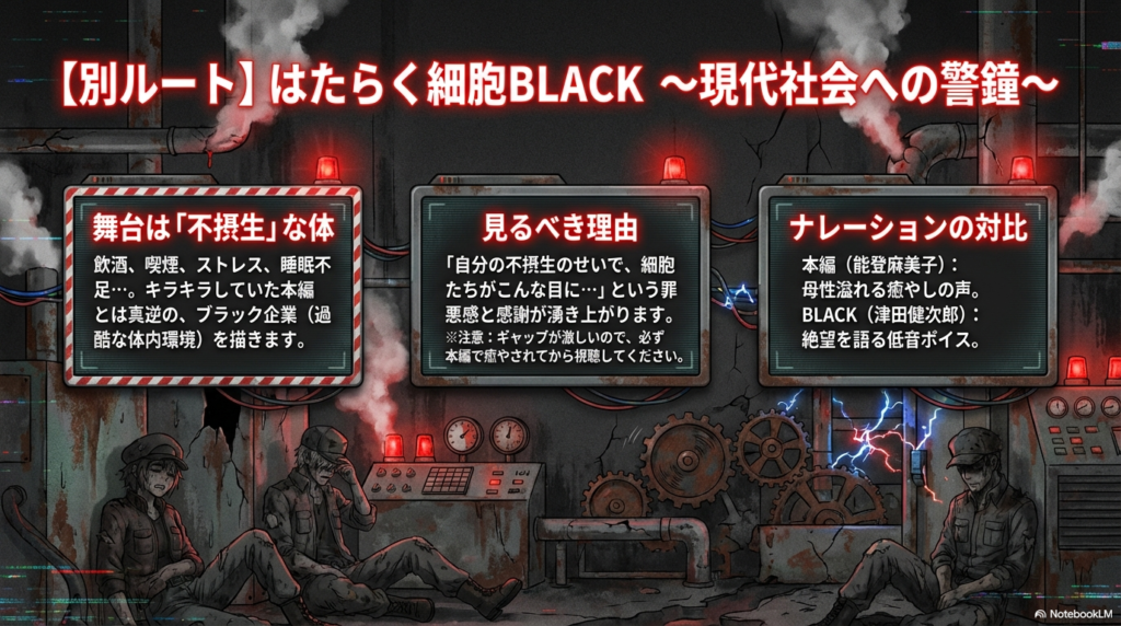 不摂生な体を描くBLACKの世界観と、癒やしの本編とのナレーション声優の対比。