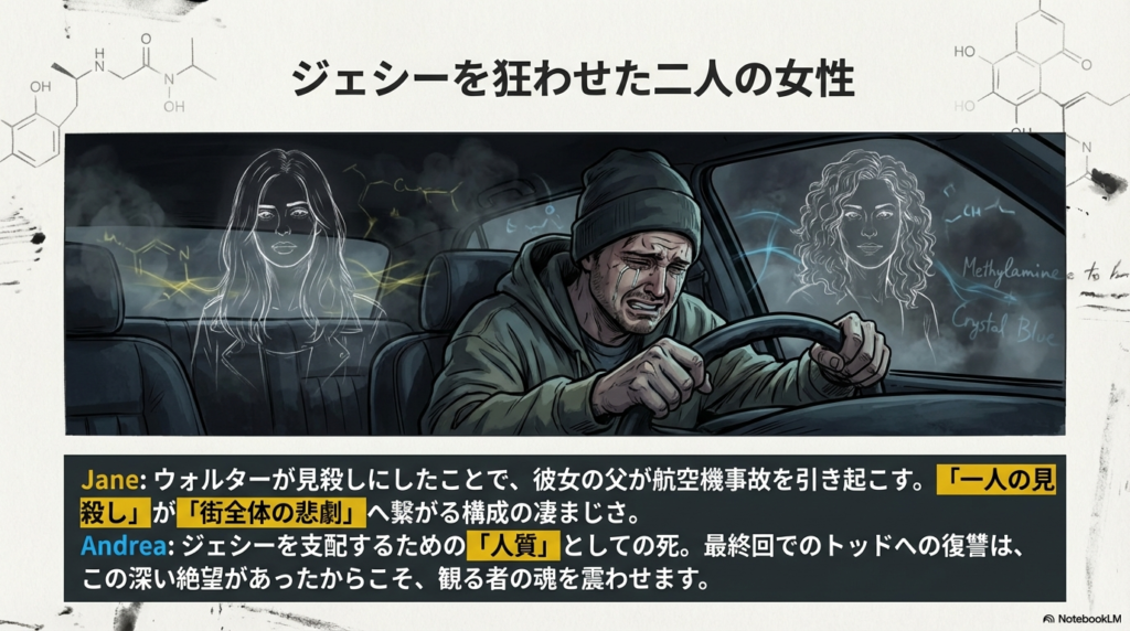 化学式が背景に描かれ、ジェーンの見殺しが引き起こした航空機事故と、アンドレアの死が最終回の復讐に繋がる凄まじい構成を解説するスライド。