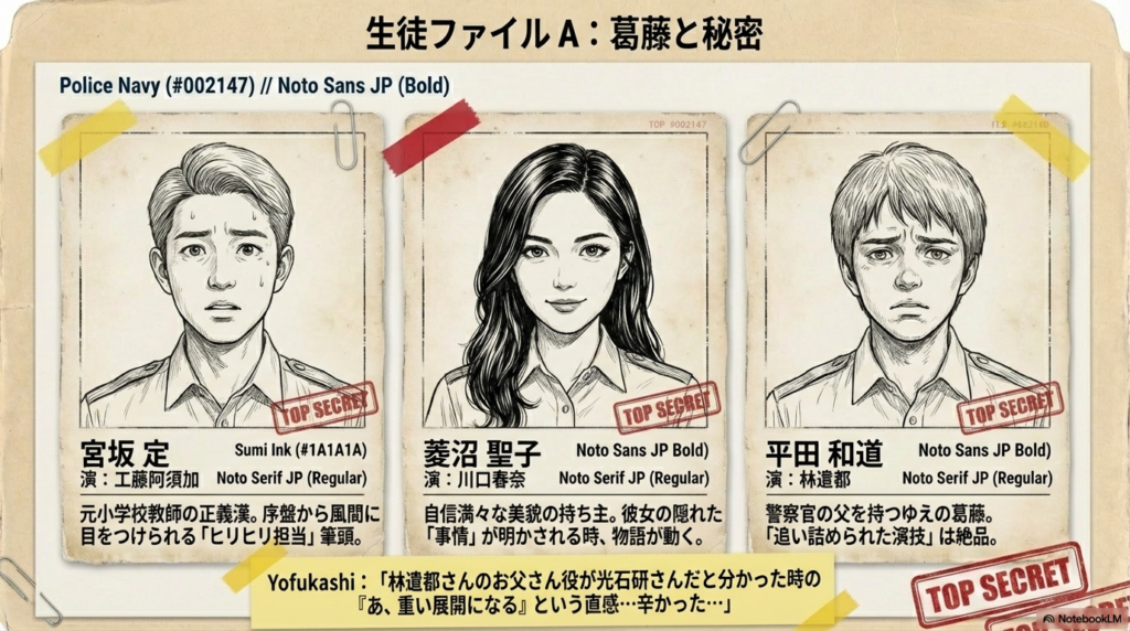 宮坂定（工藤阿須加）、菱沼聖子（川口春奈）、平田和道（林遣都）の似顔絵と解説。