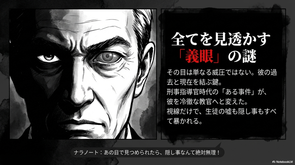 風間教官の顔のクローズアップ。鋭い左目に対し、右目は義眼となっており、嘘や隠し事をすべて暴くような威圧感を放っている。