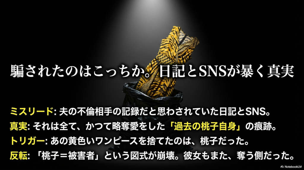 不倫相手のものだと思わされていた日記とSNSが、実は過去の桃子自身の痕跡であったという視点の反転を説明するスライド 。