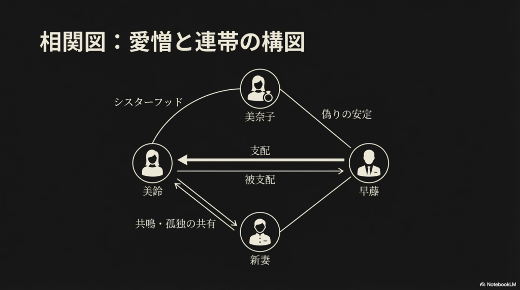 美鈴、早藤、美奈子、新妻の4人の関係性を、支配、シスターフッド、孤独の共有などのキーワードで整理した相関図スライド。