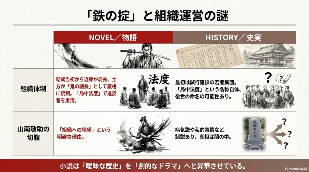 「法度」という文字を背負った土方と隊士たちのイラスト、山南敬助の墓のイラスト。組織体制や切腹の理由について、小説のドラマチックな演出と史実の諸説を比較。