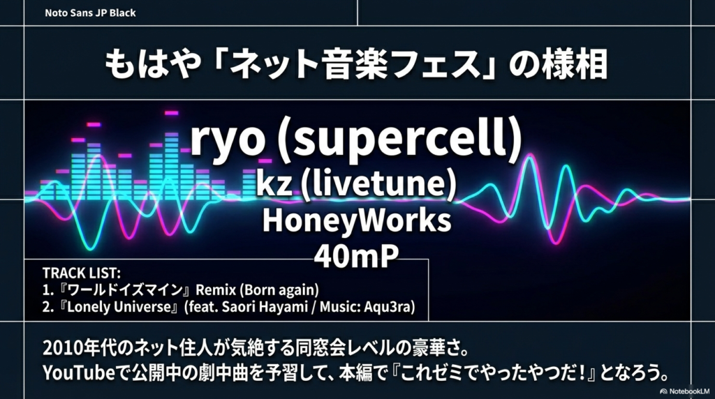 ryo (supercell)やkz (livetune)ら豪華アーティスト陣の紹介と、『ワールドイズマイン』Remixなどのトラックリスト。ネット音楽フェスのような豪華さを強調している 。