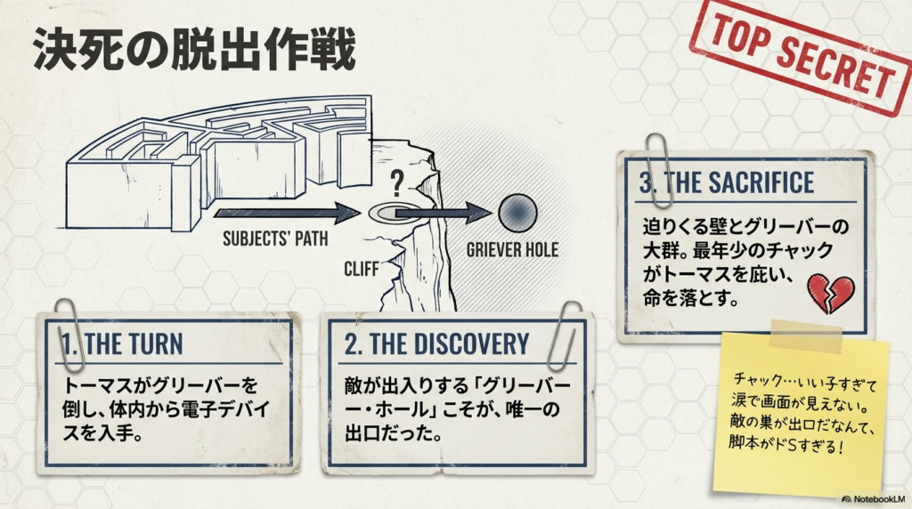 迷路の出口「グリーバー・ホール」を目指す脱出ルートの図解。1. デバイス入手、2. 出口の発見、3. チャックの犠牲という3段階のプロセスが記されている 。
