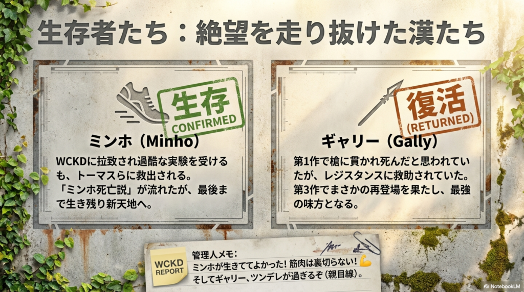 拉致を耐え抜き生存したミンホと、第1作で死んだと思われていたが第3作で復活し味方となったギャリーの状況を記したスライド。