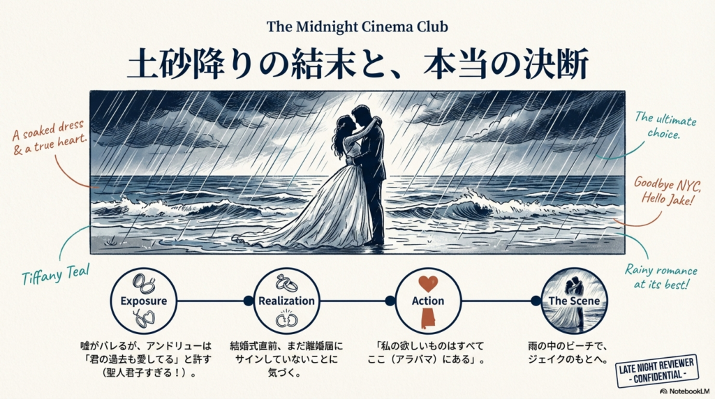 嘘がバレた後のアンドリューの許しから、結婚式直前の気づき、そして雨の中のビーチでジェイクを選ぶまでの決断のプロセス。