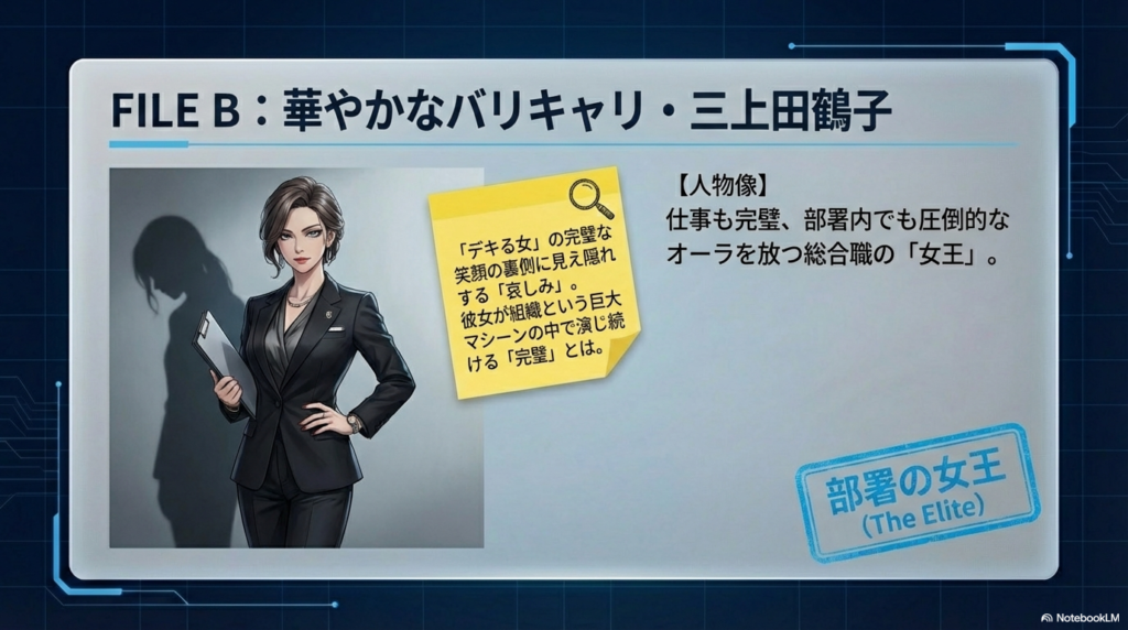 三上田鶴子のキャラクター紹介。圧倒的なオーラを放つ「部署の女王」だが、完璧な笑顔の裏に哀しみを秘めている。