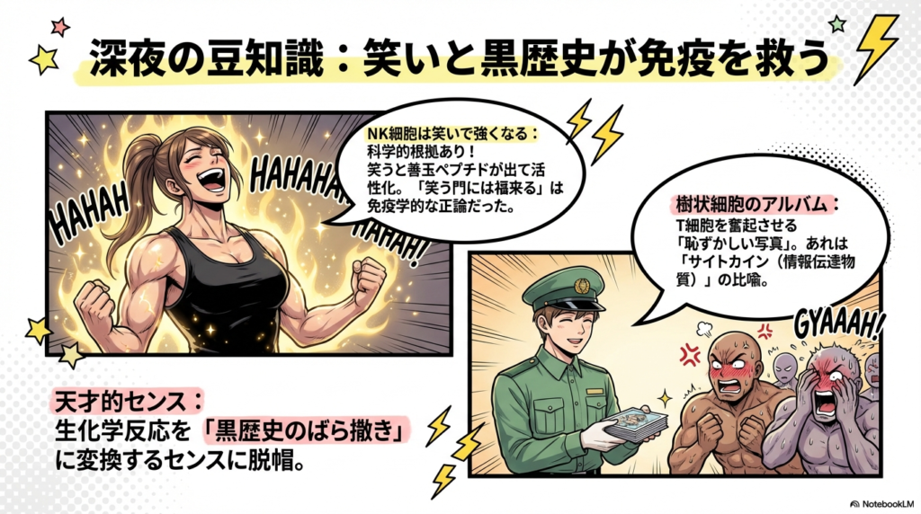 笑いで活性化するNK細胞と、樹状細胞が「サイトカイン」の比喩として皆の恥ずかしい写真をばら撒くシーンのイラスト 。